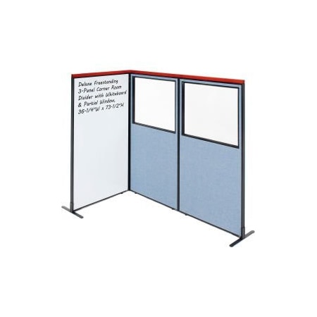 Global Equipment Interion    Deluxe Freestanding 3-Panel Corner w/Whiteboard   Partial Window 36-1/4Wx73-1/2H Blue 695188BL